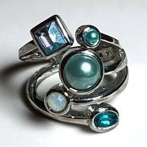 Vintage Lia Sophia Blue Rhinestone Silver Tone Wrap Ring